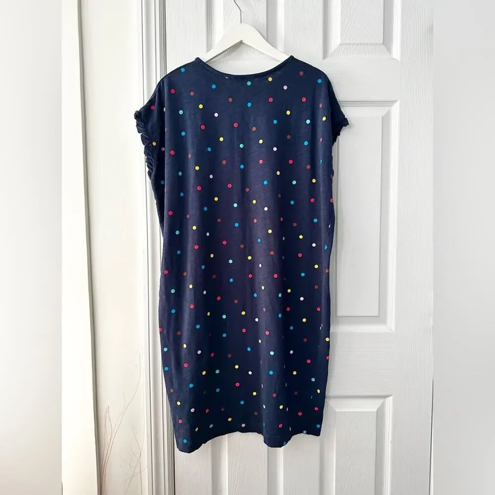 Boden Faye Navy Blue Ruffle Trim Multi Colored Polka Dot T Shirt Dress 12R J0900 - Picture 3 of 13